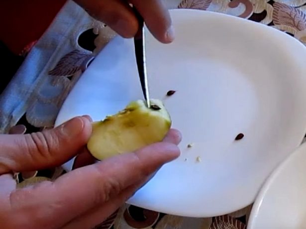 Человек удаляет ножом семена из яблока